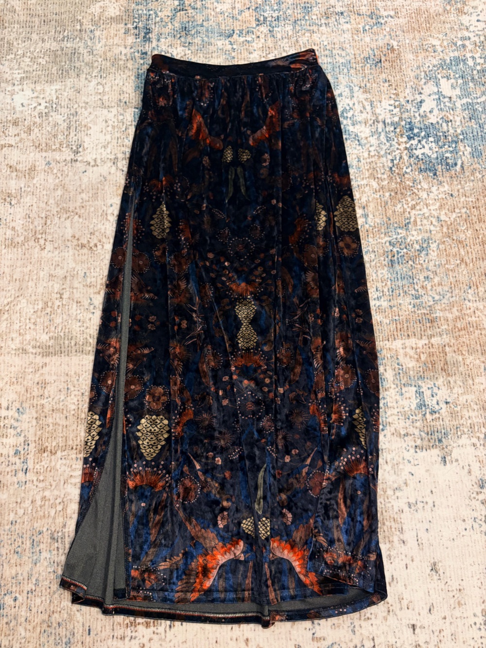 Velvet Floral Maxi Skirt in Navy and Rust